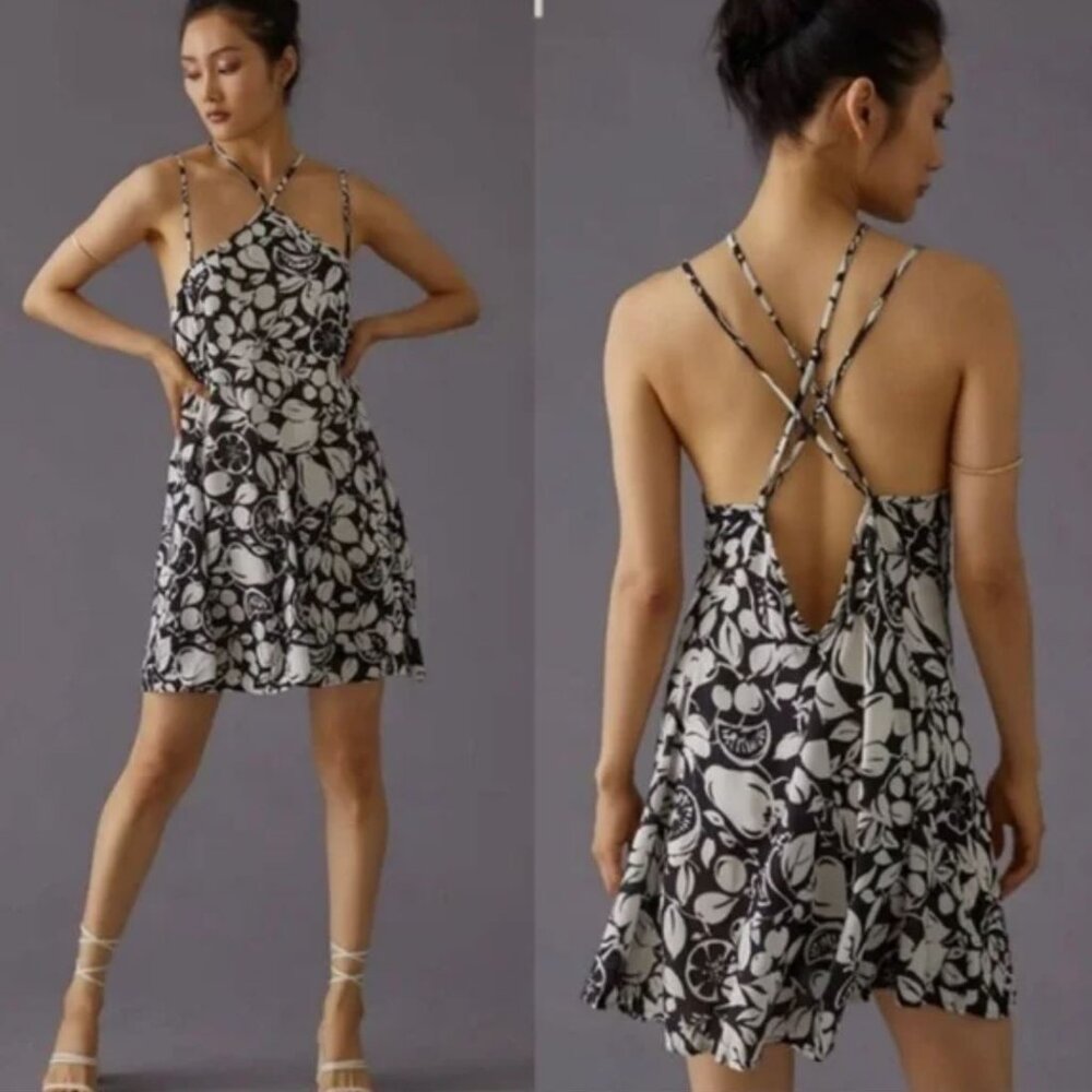 NWT Anthropologie | Sheer Mini Dress Black Motif Fruit Print | Size Medium